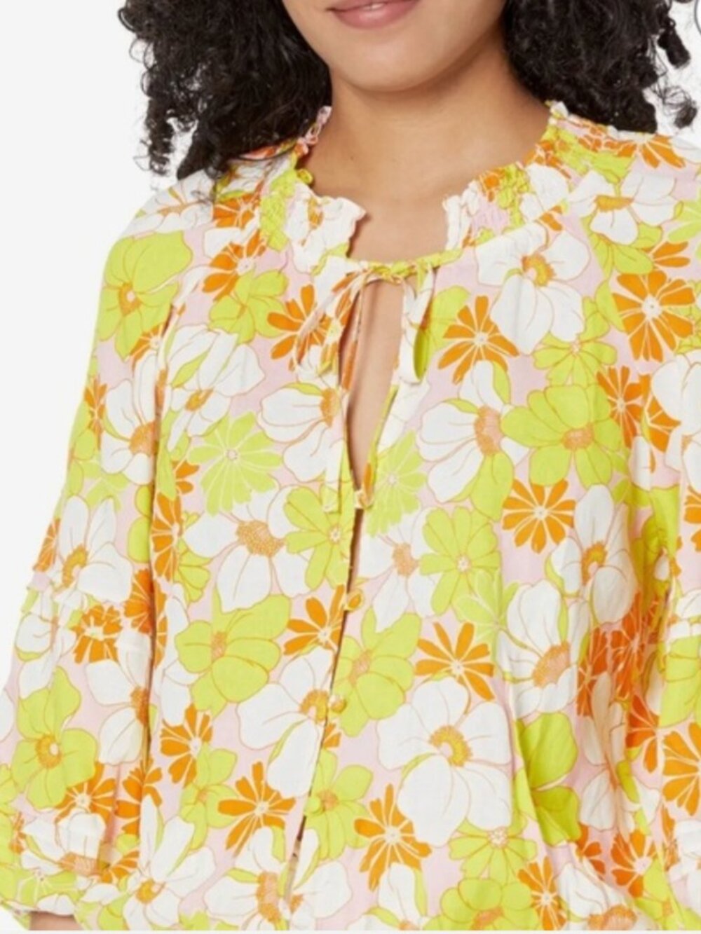 Sanctuary Floral Tie-Neck Blouse - Lime, Orange & White